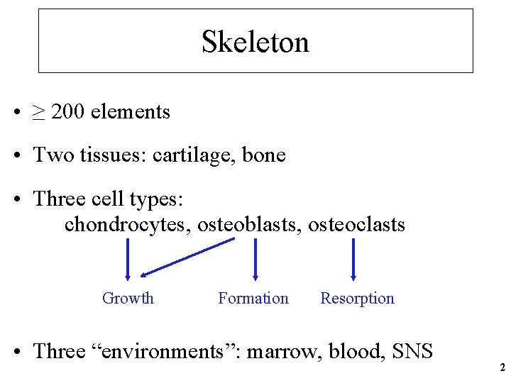 Skeleton • ≥ 200 elements • Two tissues: cartilage, bone • Three cell types: