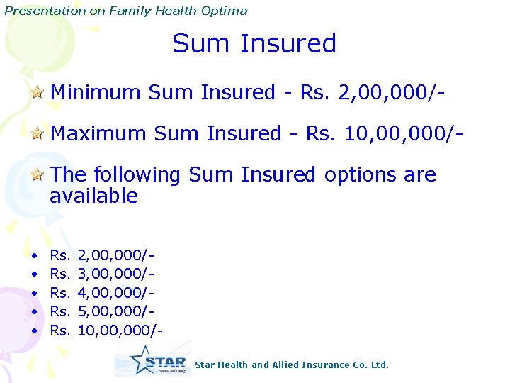 Presentation on Family Health Optima Sum Insured Minimum Sum Insured - Rs. 2, 000/Maximum