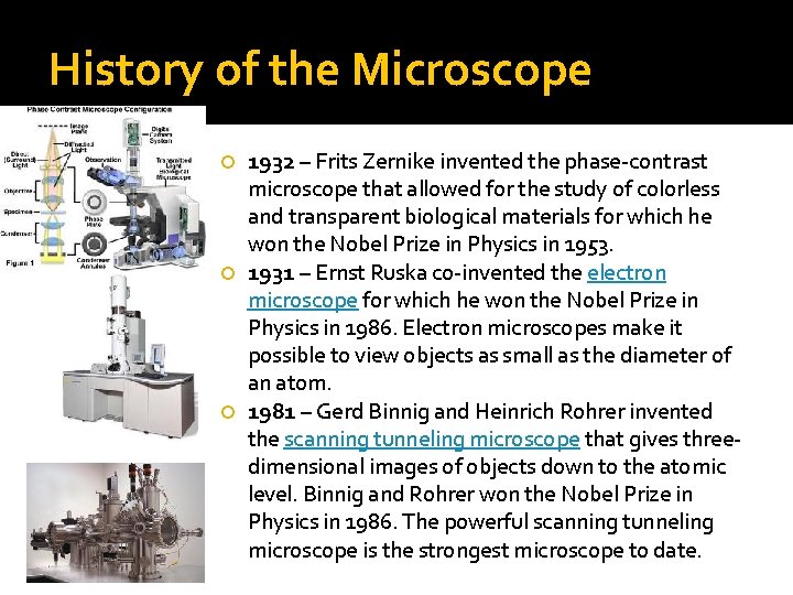 History of the Microscope 1932 – Frits Zernike invented the phase-contrast microscope that allowed