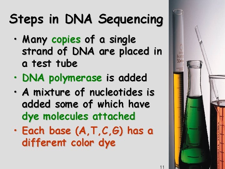 Steps in DNA Sequencing • Many copies of a single strand of DNA are