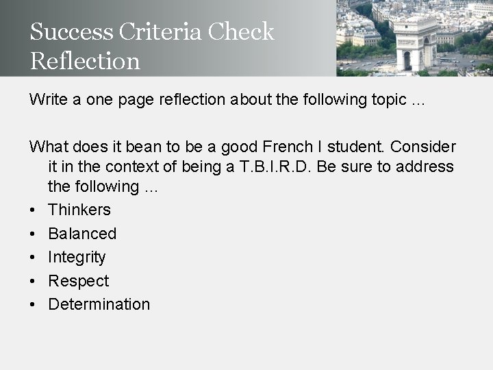 Success Criteria Check Reflection Write a one page reflection about the following topic …
