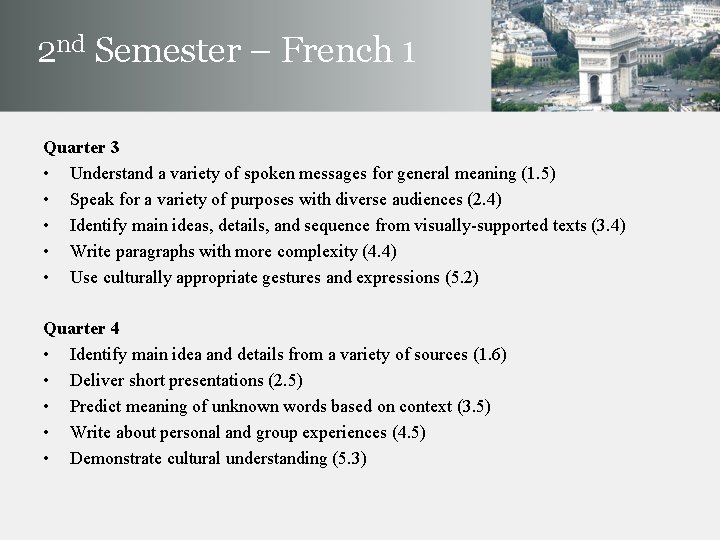 2 nd Semester – French 1 Quarter 3 • Understand a variety of spoken