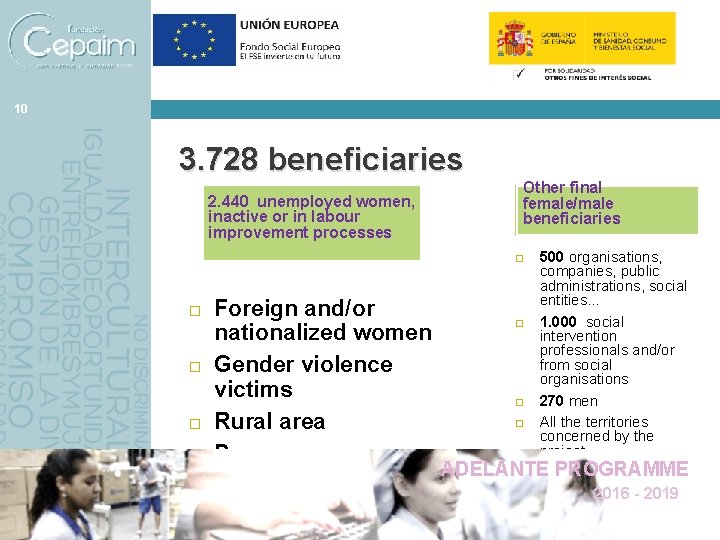 10 3. 728 beneficiaries 2. 440 unemployed women, inactive or in labour improvement processes