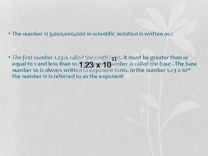  • The number 123, 000, 000 in scientific notation is written as :