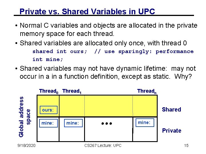 Private vs. Shared Variables in UPC • Normal C variables and objects are allocated Private vs. Shared Variables in UPC • Normal C variables and objects are allocated
