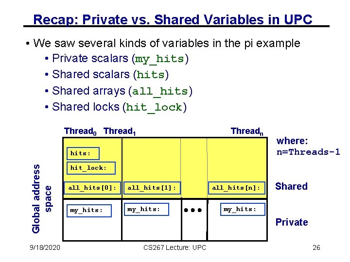 Recap: Private vs. Shared Variables in UPC • We saw several kinds of variables Recap: Private vs. Shared Variables in UPC • We saw several kinds of variables