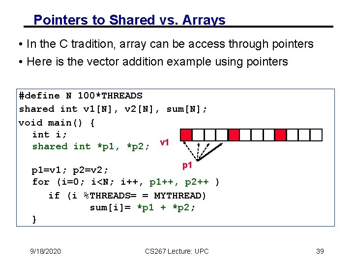 Pointers to Shared vs. Arrays • In the C tradition, array can be access Pointers to Shared vs. Arrays • In the C tradition, array can be access