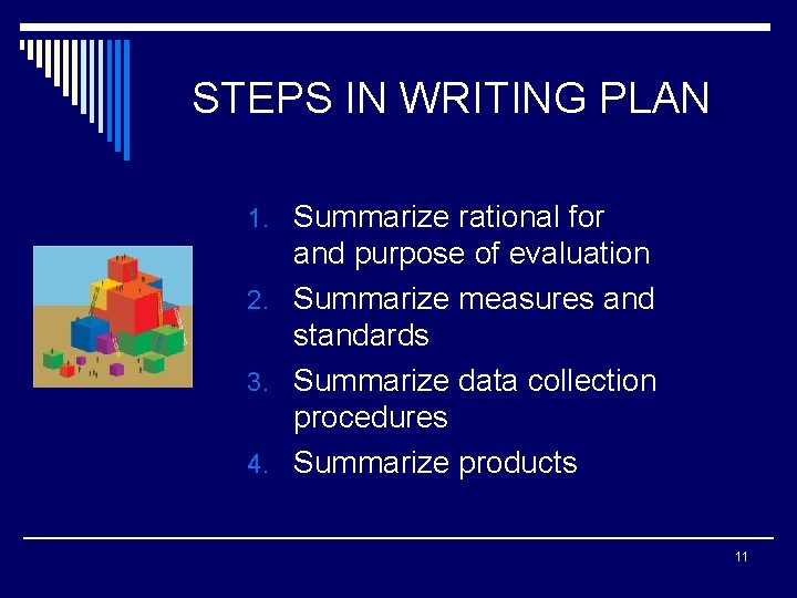 STEPS IN WRITING PLAN 1. Summarize rational for and purpose of evaluation 2. Summarize