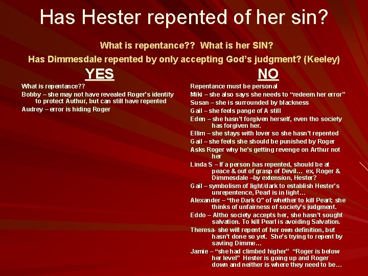 Has Hester repented of her sin? What is repentance? ? What is her SIN?