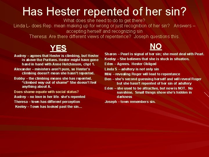 Has Hester repented of her sin? What does she need to do to get