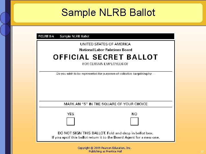 Sample NLRB Ballot Copyright © 2009 Pearson Education, Inc. Publishing as Prentice Hall 37