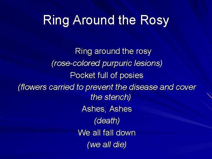 Ring Around the Rosy Ring around the rosy (rose-colored purpuric lesions) Pocket full of Ring Around the Rosy Ring around the rosy (rose-colored purpuric lesions) Pocket full of