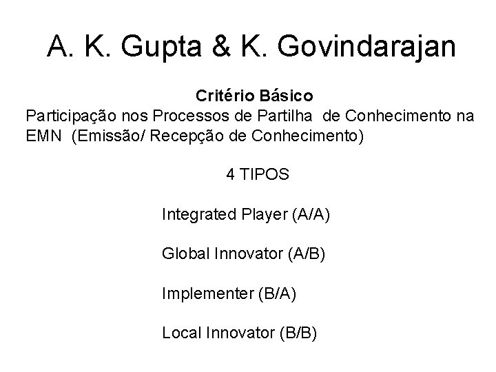 A. K. Gupta & K. Govindarajan Critério Básico Participação nos Processos de Partilha de