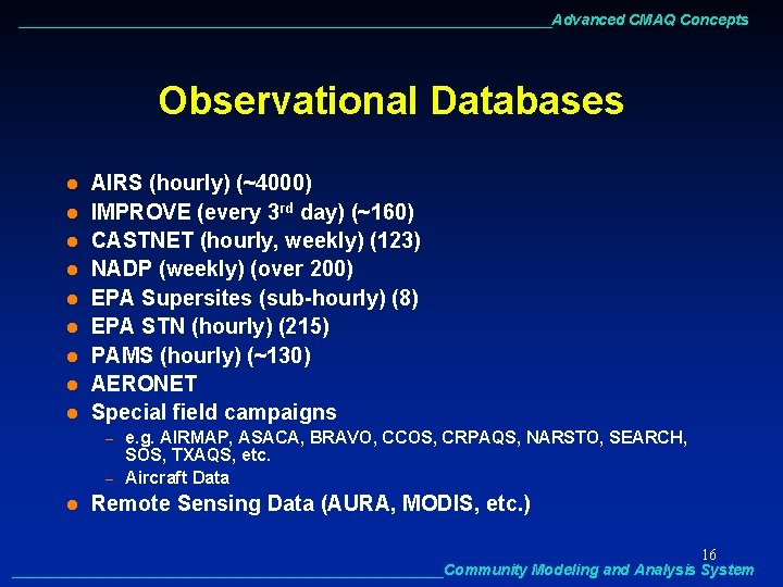 ________________________________Advanced CMAQ Concepts Observational Databases l l l l l AIRS (hourly) (~4000) IMPROVE