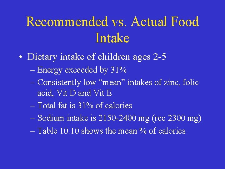 Recommended vs. Actual Food Intake • Dietary intake of children ages 2 -5 –