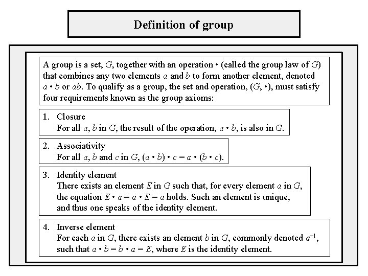 Definition of group A group is a set, G, together with an operation •