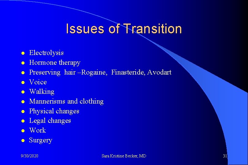 Issues of Transition l l l l l Electrolysis Hormone therapy Preserving hair –Rogaine,