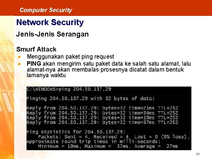 Computer Security Network Security Jenis-Jenis Serangan Smurf Attack Menggunakan paket ping request PING akan