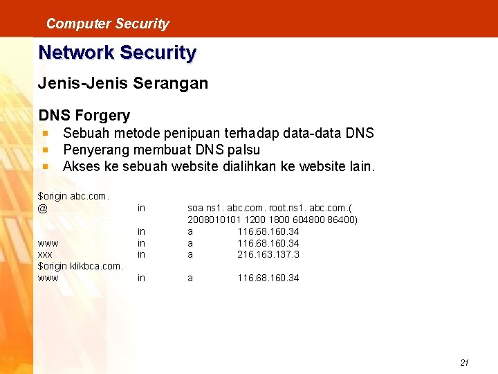 Computer Security Network Security Jenis-Jenis Serangan DNS Forgery Sebuah metode penipuan terhadap data-data DNS