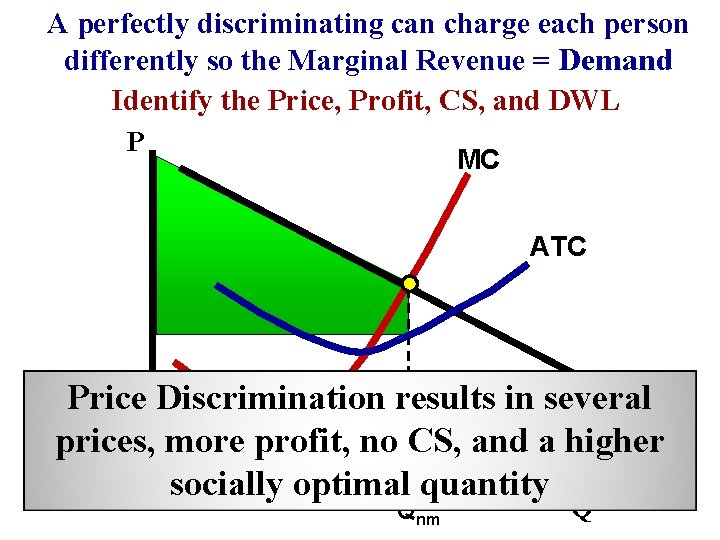 A perfectly discriminating can charge each person differently so the Marginal Revenue = Demand