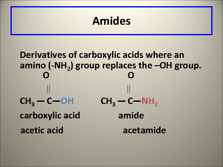 Amides Derivatives of carboxylic acids where an amino (-NH 2) group replaces the –OH