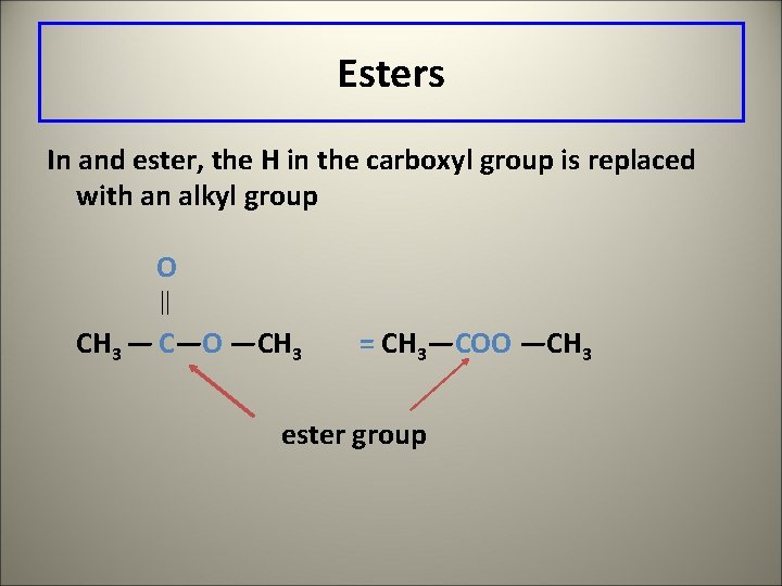 Esters In and ester, the H in the carboxyl group is replaced with an