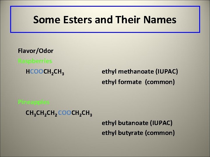 Some Esters and Their Names Flavor/Odor Raspberries HCOOCH 2 CH 3 ethyl methanoate (IUPAC)