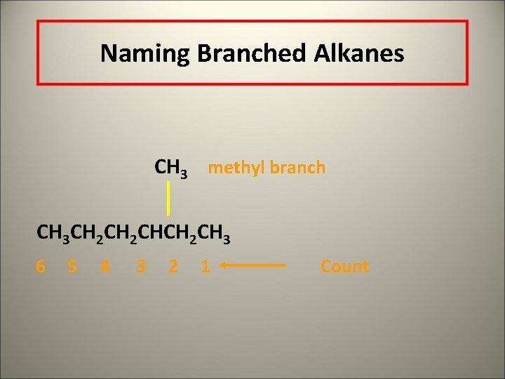 Naming Branched Alkanes CH 3 methyl branch CH 3 CH 2 CHCH 2 CH