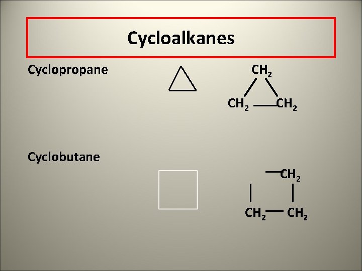Cycloalkanes Cyclopropane CH 2 Cyclobutane CH 2 