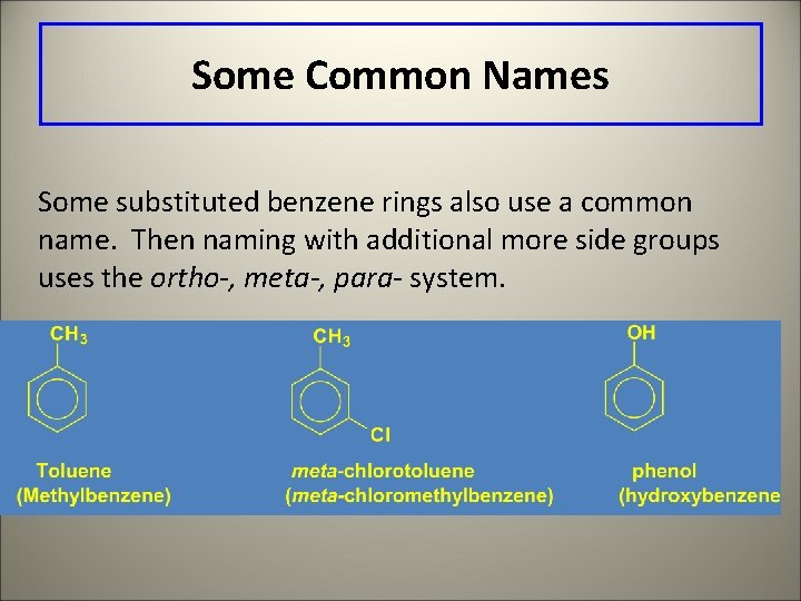 Some Common Names Some substituted benzene rings also use a common name. Then naming