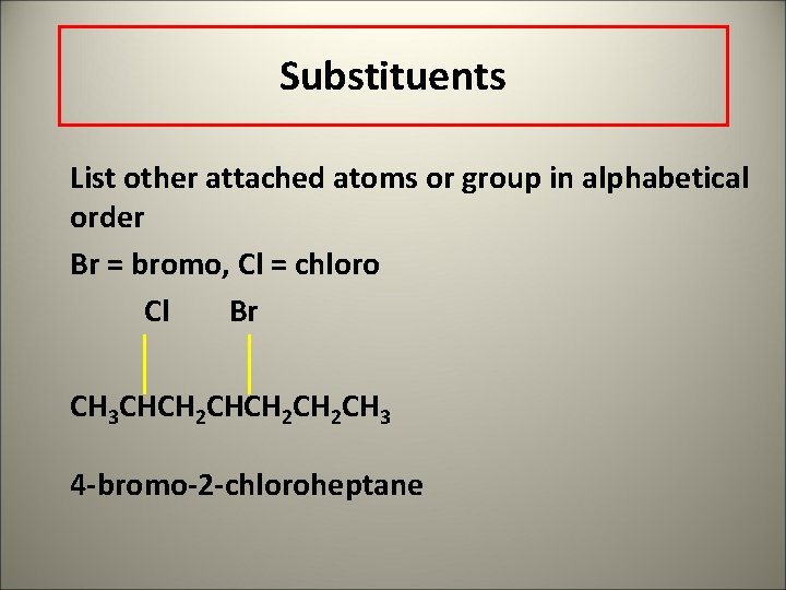 Substituents List other attached atoms or group in alphabetical order Br = bromo, Cl