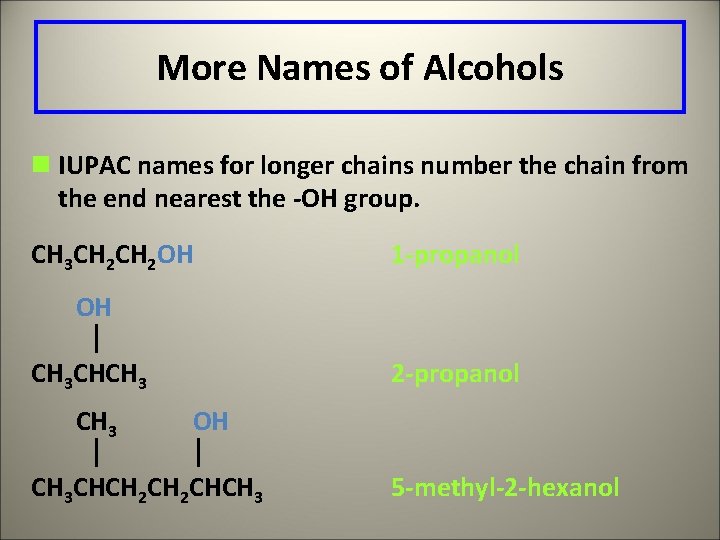 More Names of Alcohols n IUPAC names for longer chains number the chain from