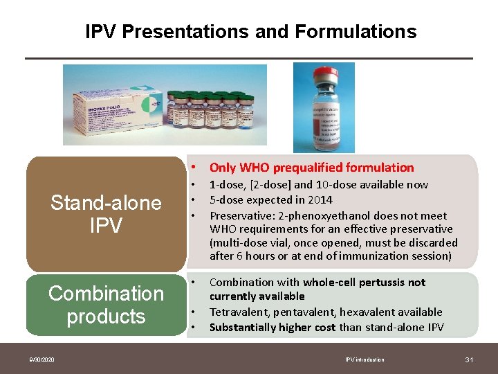IPV Presentations and Formulations • Only WHO prequalified formulation Stand-alone IPV Combination products 9/30/2020