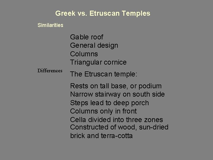 Greek vs. Etruscan Temples Similarities Gable roof General design Columns Triangular cornice Differences The