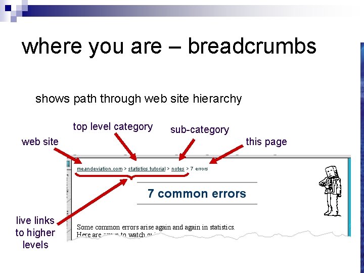 where you are – breadcrumbs shows path through web site hierarchy top level category