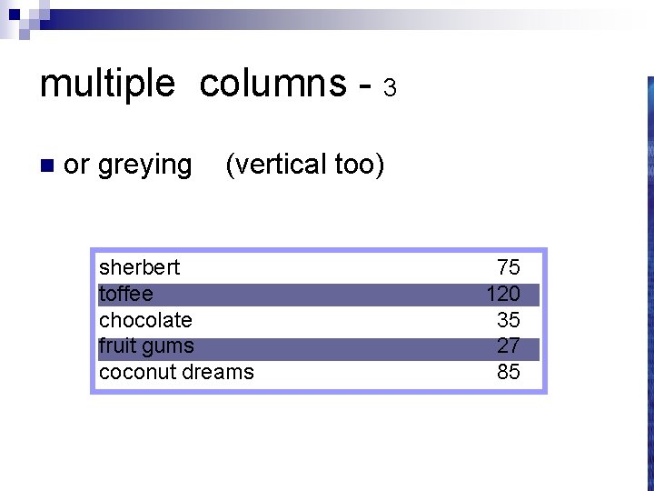 multiple columns - 3 n or greying (vertical too) sherbert toffee chocolate fruit gums
