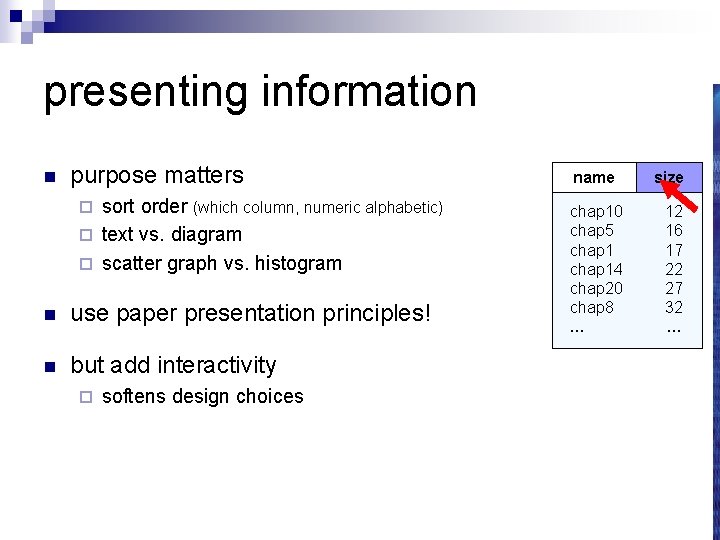 presenting information n purpose matters sort order (which column, numeric alphabetic) ¨ text vs.