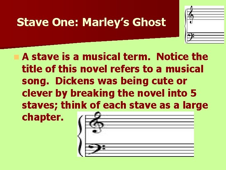 Stave One: Marley’s Ghost n. A stave is a musical term. Notice the title