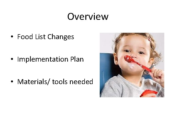 Overview • Food List Changes • Implementation Plan • Materials/ tools needed 
