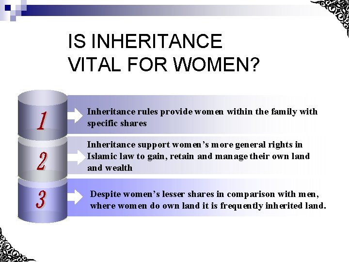 IS INHERITANCE VITAL FOR WOMEN? Inheritance rules provide women within the family with specific