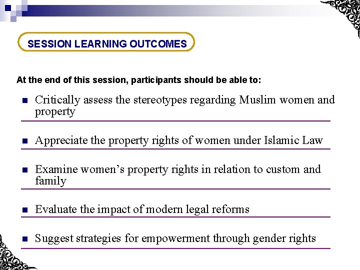 SESSION LEARNING OUTCOMES At the end of this session, participants should be able to: