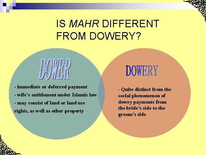 IS MAHR DIFFERENT FROM DOWERY? - immediate or deferred payment - wife’s entitlement under