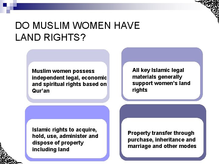 DO MUSLIM WOMEN HAVE LAND RIGHTS? Muslim women possess independent legal, economic and spiritual