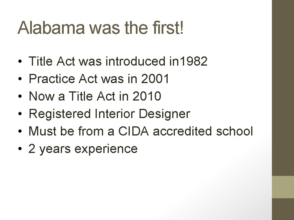 Alabama was the first! • • • Title Act was introduced in 1982 Practice