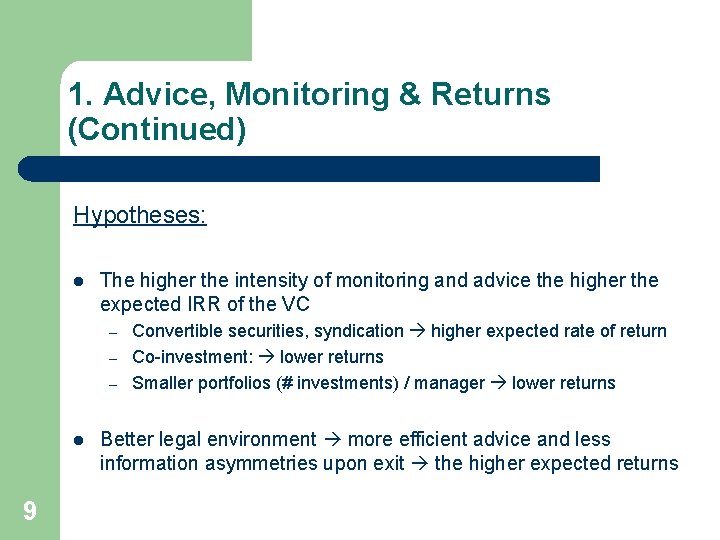 1. Advice, Monitoring & Returns (Continued) Hypotheses: l The higher the intensity of monitoring