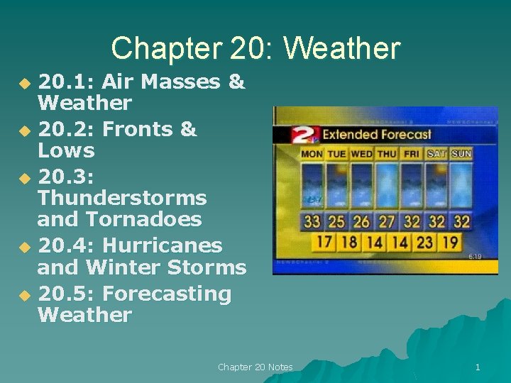 Chapter 20: Weather 20. 1: Air Masses & Weather u 20. 2: Fronts &