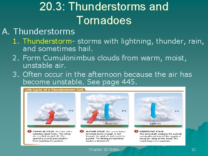 20. 3: Thunderstorms and Tornadoes A. Thunderstorms 1. Thunderstorm- storms with lightning, thunder, rain,