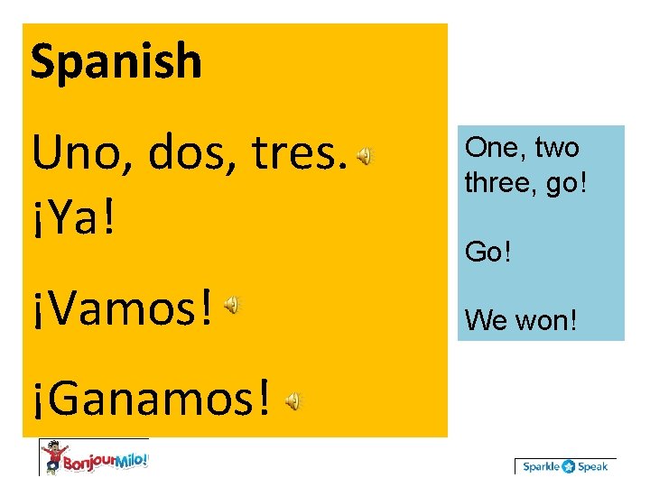 Spanish Uno, dos, tres. ¡Ya! ¡Vamos! ¡Ganamos! One, two three, go! Go! We won!