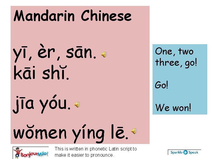 Mandarin Chinese yī, èr, sān. kāi shĭ. jīa yóu. wŏmen yíng lē. This is