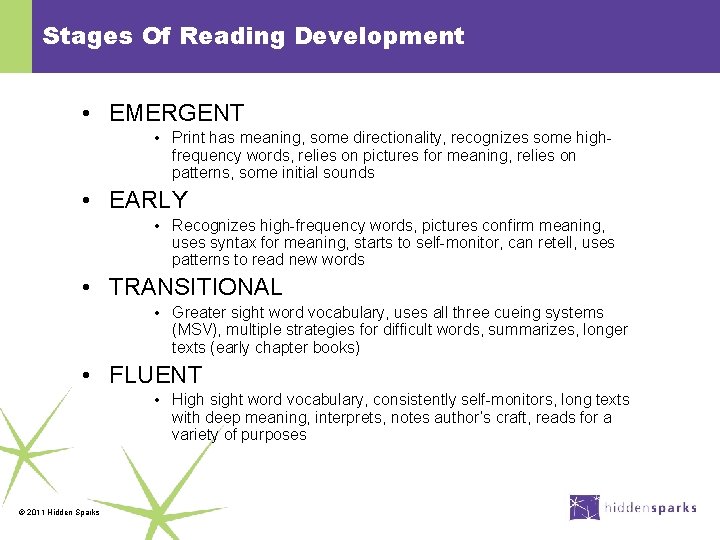 Stages Of Reading Development • EMERGENT • Print has meaning, some directionality, recognizes some